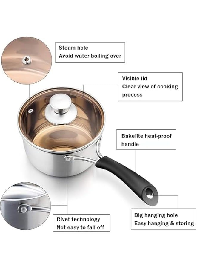 تراسل قدر صلصة 2 كوارت، قدر صلصة 2 كوارت من الفولاذ المقاوم للصدأ مع غطاء، وعاء صلصة متعدد الأغراض للطهي في المطبخ، غطاء زجاجي مرئي ومقابض مقاومة للحرارة، مقاوم للصدأ وآمن للغسل في غسالة الأطباق - Image 2