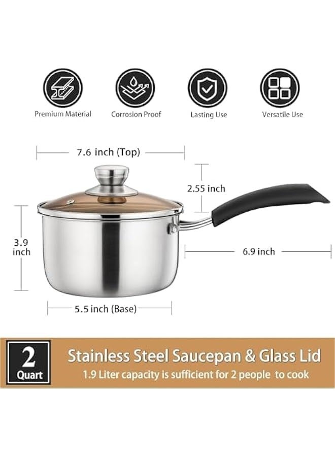 تراسل قدر صلصة 2 كوارت، قدر صلصة 2 كوارت من الفولاذ المقاوم للصدأ مع غطاء، وعاء صلصة متعدد الأغراض للطهي في المطبخ، غطاء زجاجي مرئي ومقابض مقاومة للحرارة، مقاوم للصدأ وآمن للغسل في غسالة الأطباق - Image 5