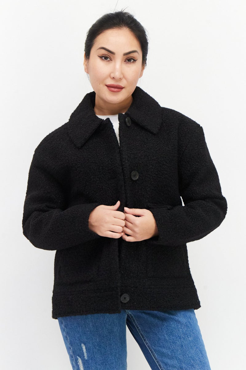 NVLT جاكت مزخرف بقلنسوة منتشرة للنساء، أسود - Image 1