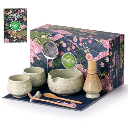 Buucup Matcha Whisk Set, 10 Pcs Matcha Set Includes Matcha Bowl, 2 Cups, Matcha Whisk and Holder, Bamboo Scoop and Spoon, Scoop Rest, Sifter and Tea Towel, Complete Matcha Kit (Mottled Green) - Image 1