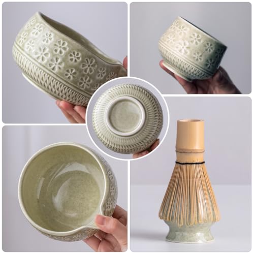 Buucup Matcha Whisk Set, 10 Pcs Matcha Set Includes Matcha Bowl, 2 Cups, Matcha Whisk and Holder, Bamboo Scoop and Spoon, Scoop Rest, Sifter and Tea Towel, Complete Matcha Kit (Mottled Green) - Image 3
