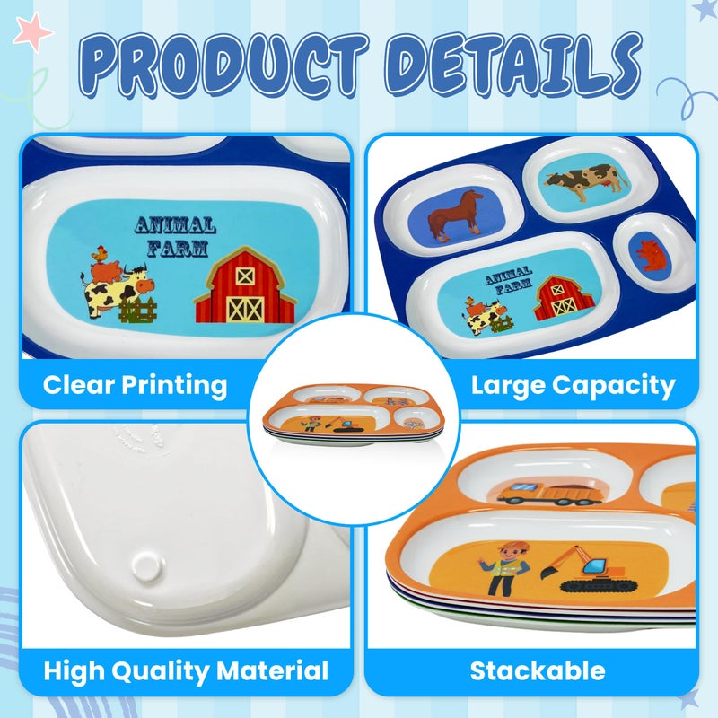 4E's Novelty Set of 4 Melamine Dinner Plates for Kids Boys - Divided Plates for Picky Eater, BPA Free, Toddler Eating Essentials, Boy Dinnerware Set - Image 5