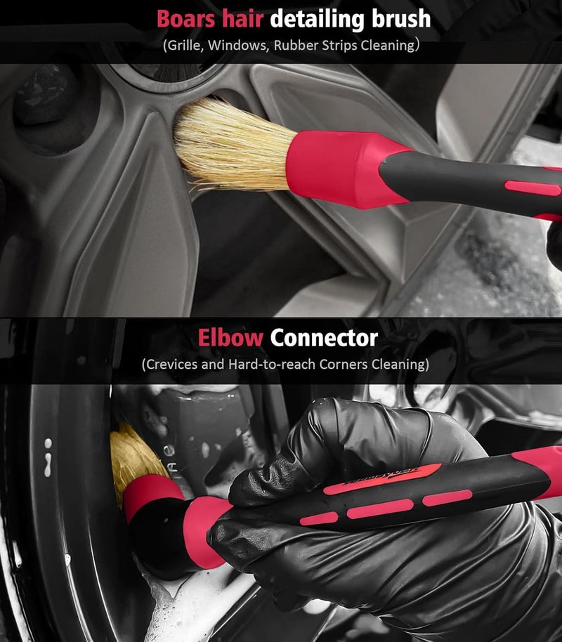 YeewayVeh مجموعة فرش تنظيف الدراجات النارية مكونة من 6 قطع، فرش تنظيف عميقة للحواف والعجلات ناعمة وبدون خدوش، فرشاة الإطارات وفرشاة التفاصيل لتنظيف واقي الطين للدراجات النارية، الحواف، العادم، الإطار، أحمر - Image 4