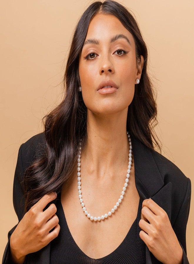 PAVOI 925 Sterling Silver Round White Simulated Shell Pearl Necklace Strand | Pearl Choker Necklace | Jewelry for Women - 22" Length (8mm) - Image 2