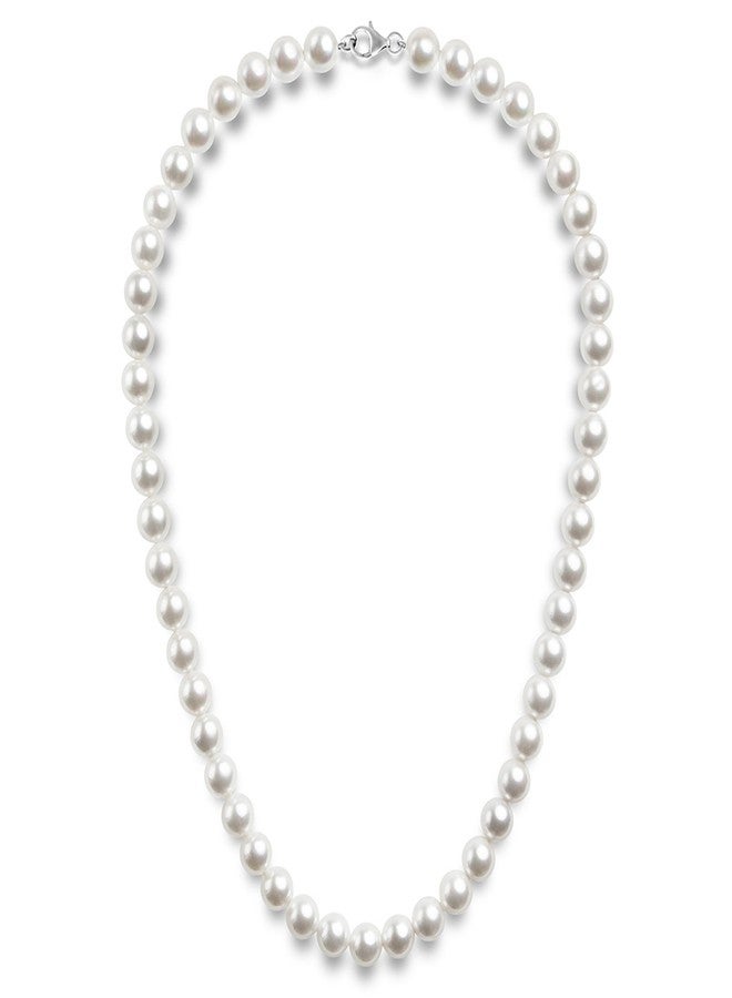 PAVOI 925 Sterling Silver Round White Simulated Shell Pearl Necklace Strand | Pearl Choker Necklace | Jewelry for Women - 22" Length (8mm) - Image 1