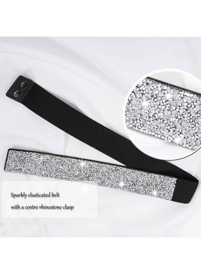 Yalice Sparkle Rhinestone Leather Belts Elastic Wide Waist Belt Bling Wedding Belts for Dress Skinny Crystal Waist Jewelry, Silver-3(90cm/35.4''), One size - Image 4