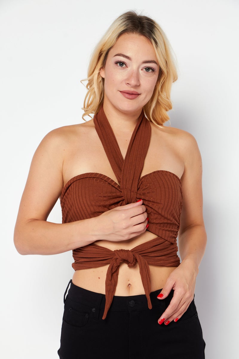 Endless Blu Women Halter Neck Sleeveless Textured Crop Top, Brown - Image 1