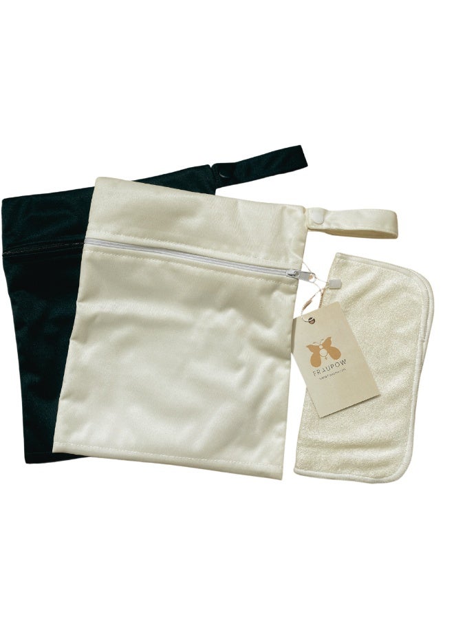 Fraupow Wet & Dry Bag | Pack of 2 | Award Winning Waterproof Reusable Cloth Diaper Bag & Breast Pump Accessory Storage | Washable Zipper Pouch with Cotton Towel | Includes Midwife Consultation - Image 1