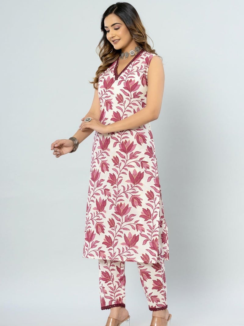 rytras Women's Cotton Printed Straight Kurta and Pant Set(Maroon,L) - Image 4