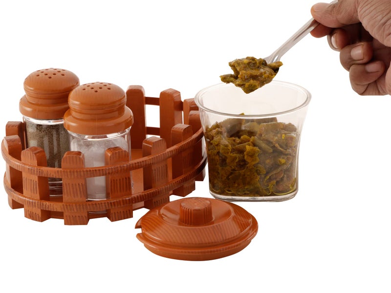 Nabhya Complete Dining Table Set of Pickle Jars, Salt and Pepper Dispenser, Toothpick Holder and Spoon Holder(Wooden Look Design, Plastic) (Table Top) - Image 2