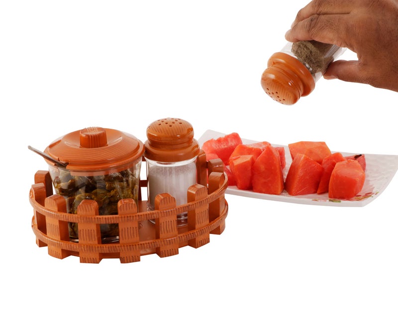 Nabhya Complete Dining Table Set of Pickle Jars, Salt and Pepper Dispenser, Toothpick Holder and Spoon Holder(Wooden Look Design, Plastic) (Table Top) - Image 3