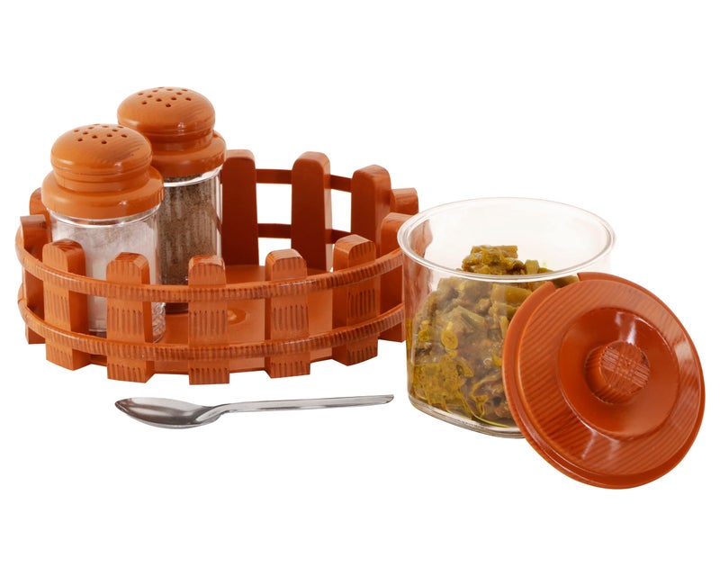 Nabhya Complete Dining Table Set of Pickle Jars, Salt and Pepper Dispenser, Toothpick Holder and Spoon Holder(Wooden Look Design, Plastic) (Table Top) - Image 1