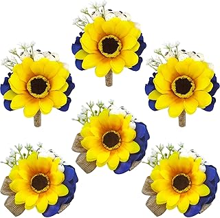 Ciandid Ciandid Sunflower Wrist Corsage and Boutonniere Set for Wedding, 3PC Groom Boutonniere & 3PC Bride Wrist Corsage  - Image 1