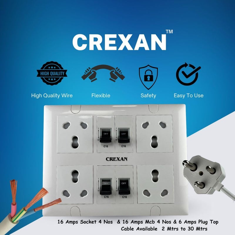 Crexan Extension Board 240 Volts 3 Pin 6A16Amp and 15002500W with 16 Amp Socket 4nos with Safety Shutter16 Amp MCB 4nos 25 Sqmm 3 Core White Copper Wire 2500A 6A Small Plug 4 Meter - Image 4