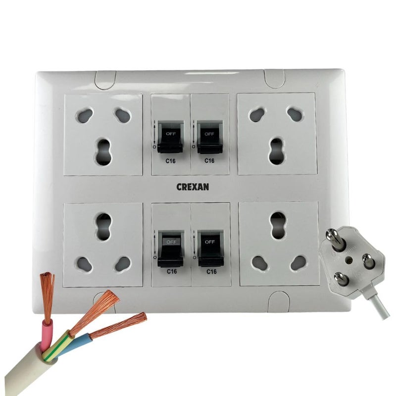 Crexan Extension Board 240 Volts 3 Pin 6A16Amp and 15002500W with 16 Amp Socket 4nos with Safety Shutter16 Amp MCB 4nos 25 Sqmm 3 Core White Copper Wire 2500A 6A Small Plug 4 Meter - Image 1