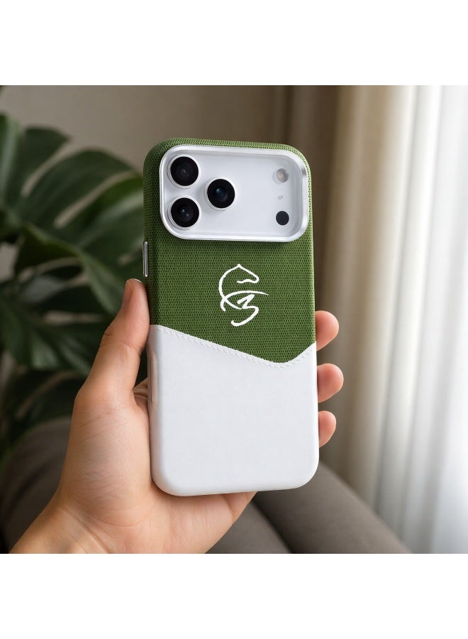 Mr.Gadgets compatible For iPhone 17 Pro Max 6.9-Inch Premium Two-Tone Leather and Fabric Hybrid Protective Cover Stylish Slim Anti-Scratch Back Modern Practical Design (White & Green) - Image 1