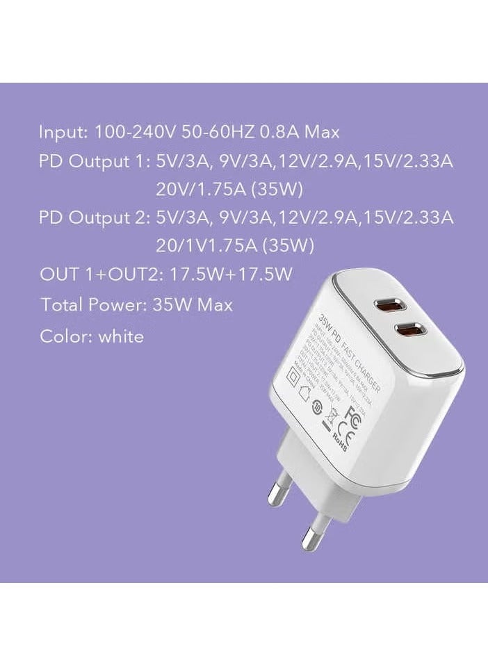 JAJEEK A2528C 2xUSB-C Wall Charger 35W + USB-C to USB-C Cable – Fast Charging for Smartphones, Tablets, Laptops, Compact Design for Home, Office, and Travel Use - Image 4
