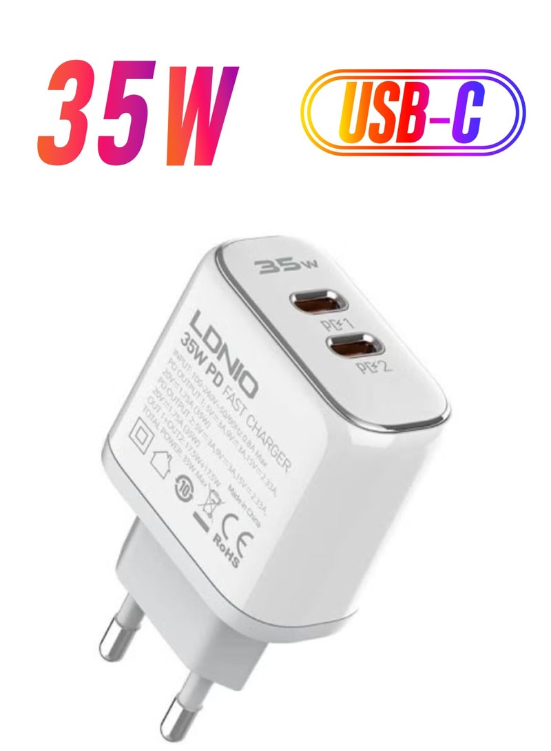 JAJEEK A2528C 2xUSB-C Wall Charger 35W + USB-C to USB-C Cable – Fast Charging for Smartphones, Tablets, Laptops, Compact Design for Home, Office, and Travel Use - Image 1