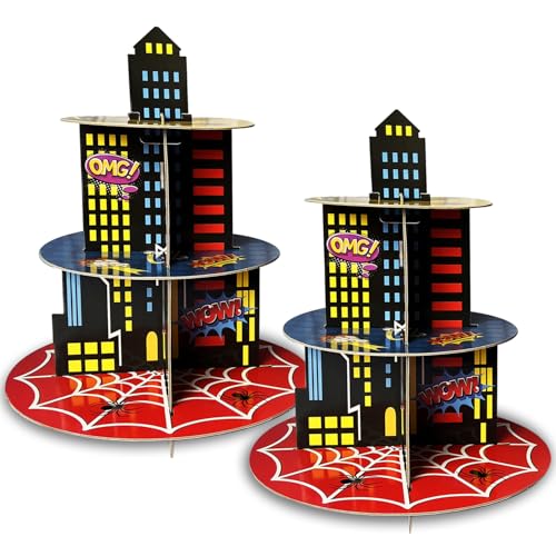 Hipoxa 2 Pack Hero Birthday Party Supplies Cupcake Stands 3Tier Building Cardboard Cupcake Holder Dessert Display for Spider Birthday Party Decorations - Image 1