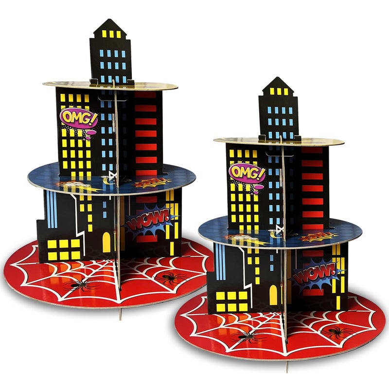 Hipoxa 2 Pack Hero Birthday Party Supplies Cupcake Stands 3Tier Building Cardboard Cupcake Holder Dessert Display for Spider Birthday Party Decorations - Image 2