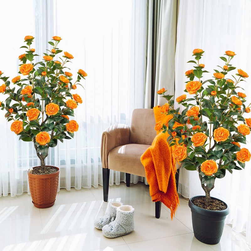 MHMJON 2 Pack 43.3"/3.6FT Artificial Tree with Camellia Flowers Fake Tree with 32 Blooming Flowers Orange Tree for Spring Home Front Door Outdoor Indoor Decor (Including Dried Moss) - Image 5