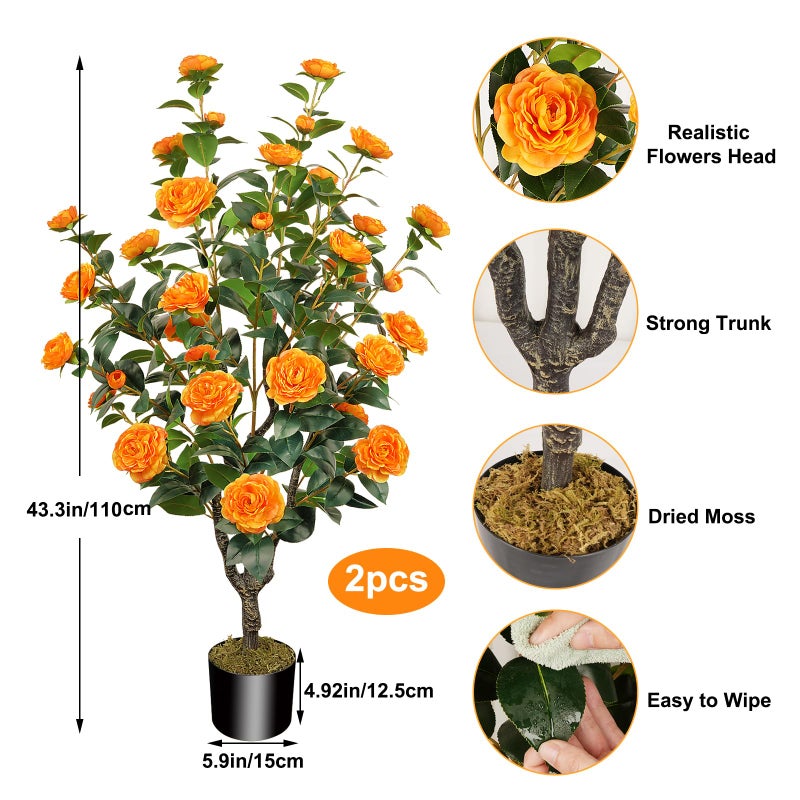 MHMJON 2 Pack 43.3"/3.6FT Artificial Tree with Camellia Flowers Fake Tree with 32 Blooming Flowers Orange Tree for Spring Home Front Door Outdoor Indoor Decor (Including Dried Moss) - Image 2