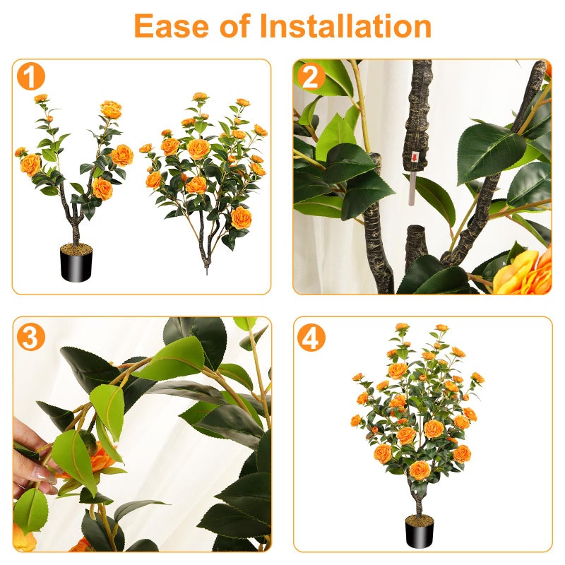 MHMJON 2 Pack 43.3"/3.6FT Artificial Tree with Camellia Flowers Fake Tree with 32 Blooming Flowers Orange Tree for Spring Home Front Door Outdoor Indoor Decor (Including Dried Moss) - Image 3