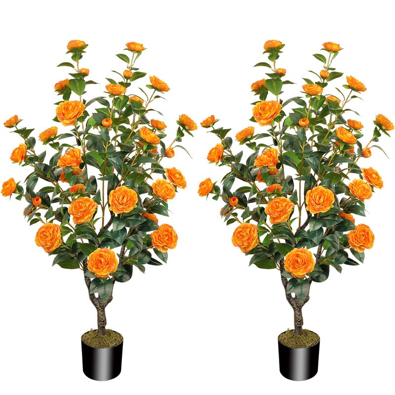 MHMJON 2 Pack 43.3"/3.6FT Artificial Tree with Camellia Flowers Fake Tree with 32 Blooming Flowers Orange Tree for Spring Home Front Door Outdoor Indoor Decor (Including Dried Moss) - Image 1