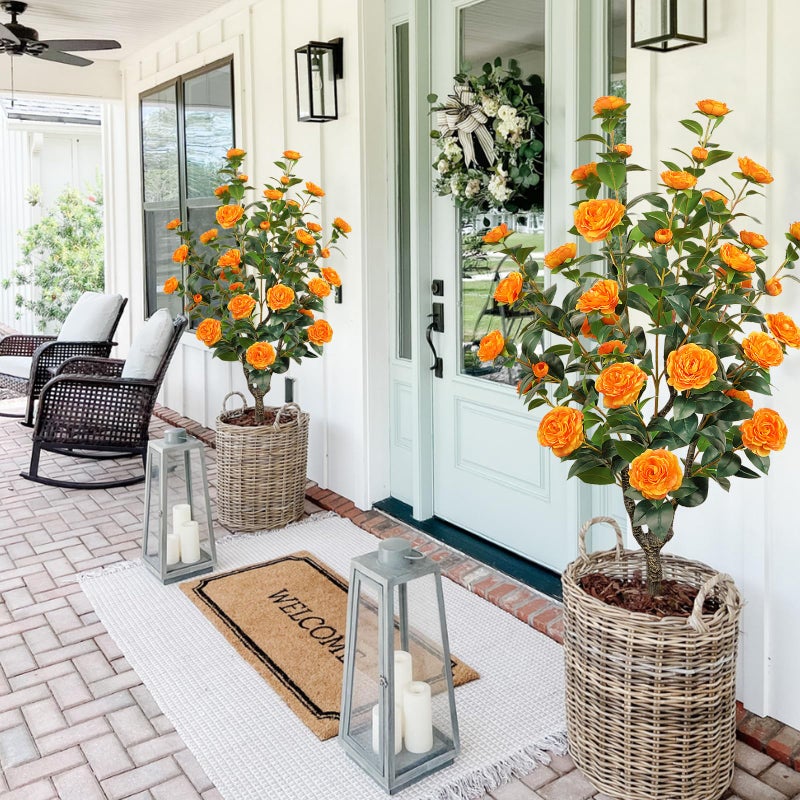 MHMJON 2 Pack 43.3"/3.6FT Artificial Tree with Camellia Flowers Fake Tree with 32 Blooming Flowers Orange Tree for Spring Home Front Door Outdoor Indoor Decor (Including Dried Moss) - Image 4