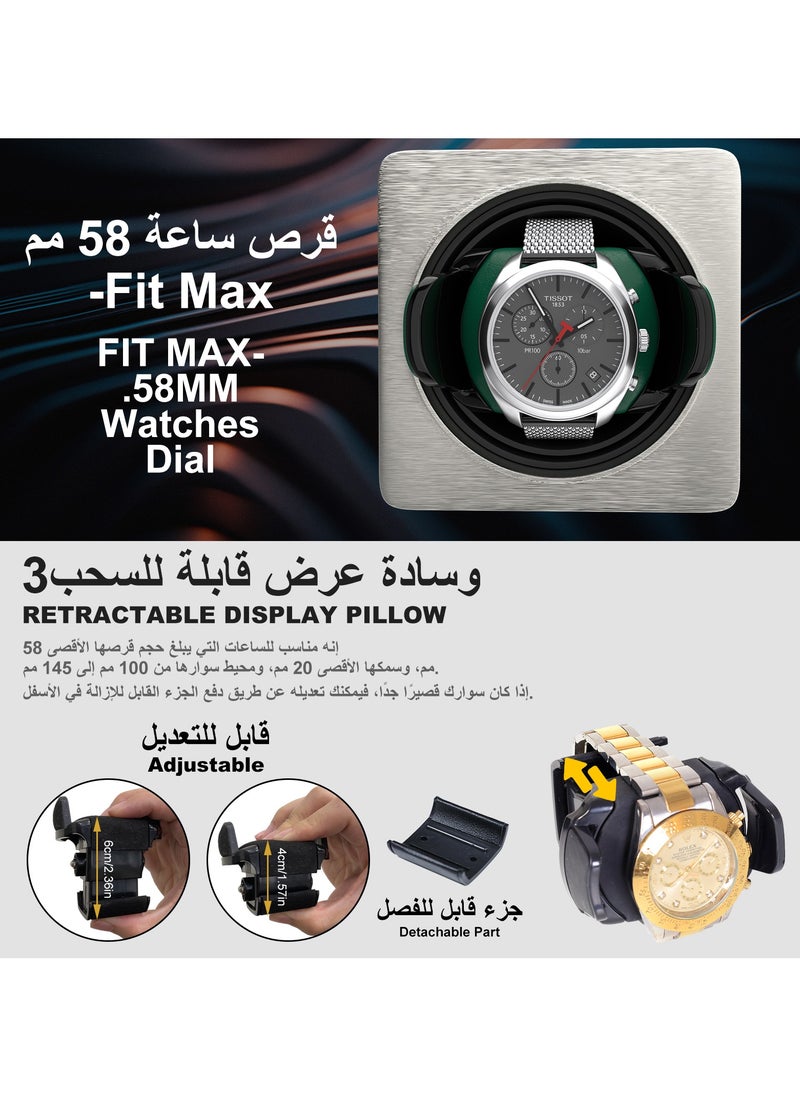 Eco-friendly Leather Single Watch Winder with Multiple Rotation Modes, Super Quiet Motor, Adjustabe Watch Pillow, Dual Power Supply for Travel