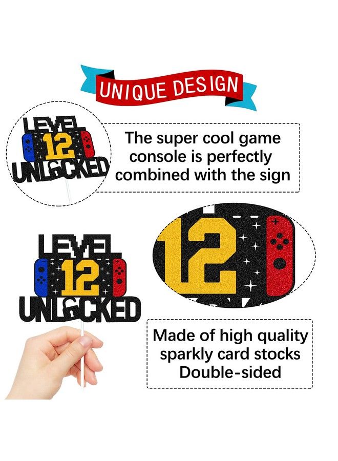 Level 12Nd Unlocked Sign Cake Topper Happy 12Nd Birthday Level Up Tenth Cake Decorations For Video Game Controller Themed Kids Boy Girl Bday Party Supplies Double Sided  - Image 3
