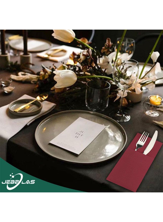 JEBBLAS Dinner Napkins with Built-in Flatware Pocket, Cloth Like Napkins, Red Linen-Feel Disposable Hand Napkins for Parties, Weddings, Dinners or Events, 16x16inches, Pack of 50, Bordeaux - Image 4