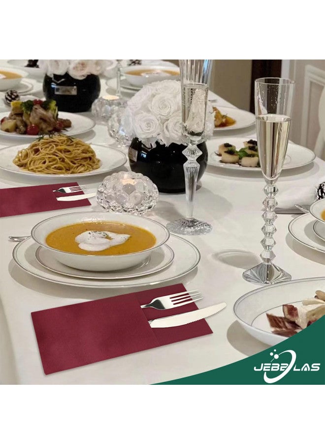 JEBBLAS Dinner Napkins with Built-in Flatware Pocket, Cloth Like Napkins, Red Linen-Feel Disposable Hand Napkins for Parties, Weddings, Dinners or Events, 16x16inches, Pack of 50, Bordeaux - Image 1