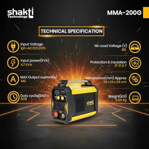 Shakti Technology MMA-200G Inverter ARC Compact Welding Machine (IGBT) 200A with Hot Start and Anti-Stick Functions - 1 Year Warranty, Metal, Multicolor - Image 2