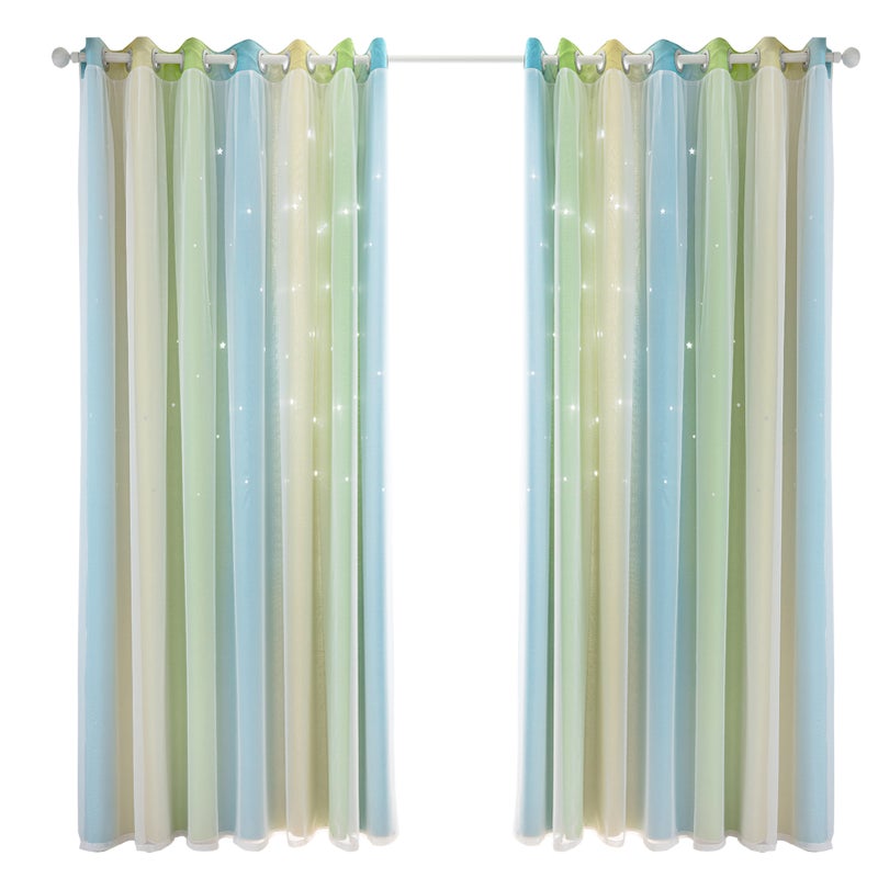 2pc Curtain Simple Gradient Hollow-out Star Pattern Double Layer Blackout Bedroom Living Room Insulation Curtain - Image 1