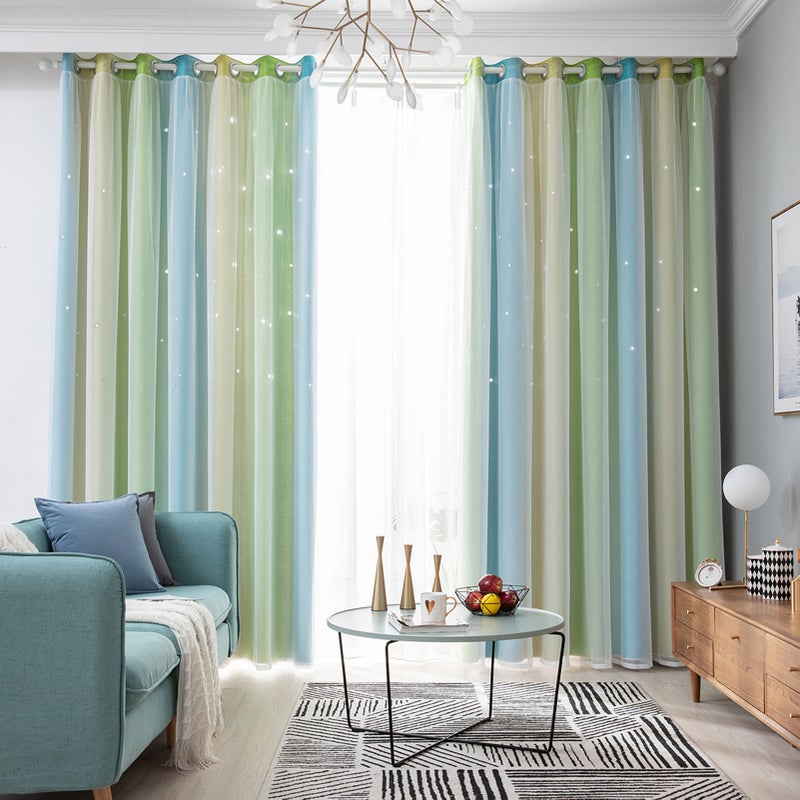 2pc Curtain Simple Gradient Hollow-out Star Pattern Double Layer Blackout Bedroom Living Room Insulation Curtain - Image 2