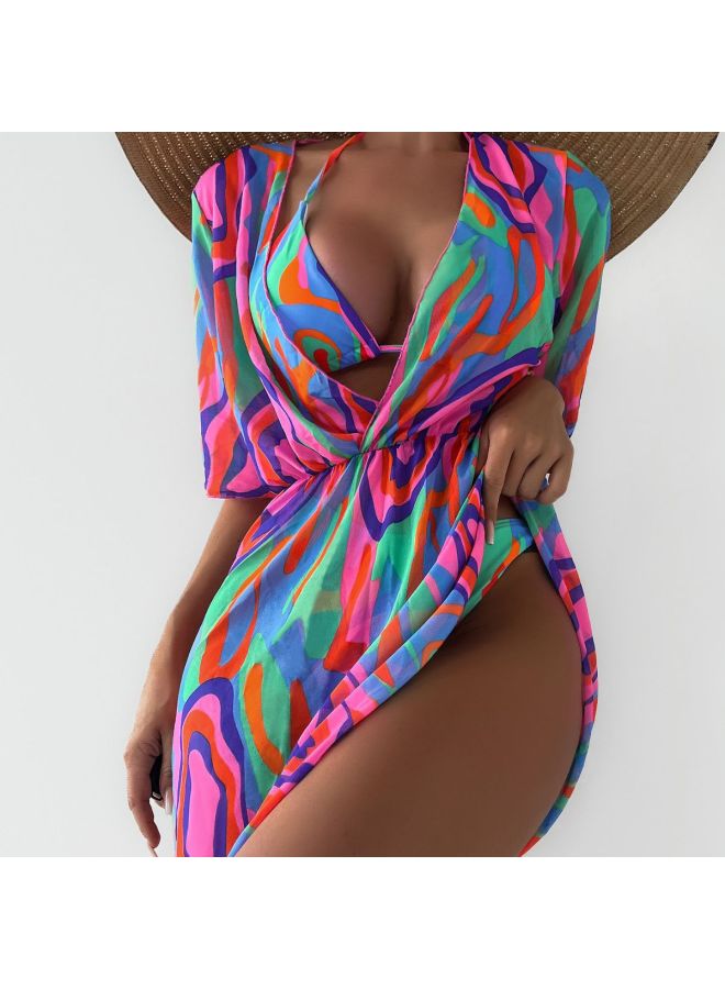 Generic Bikini European And American Multi-color Printing Three-piece Swimsuit Women's Mesh Blouse Split Bikini-Color:As Shown In Figure 1-Size:S - Image 2