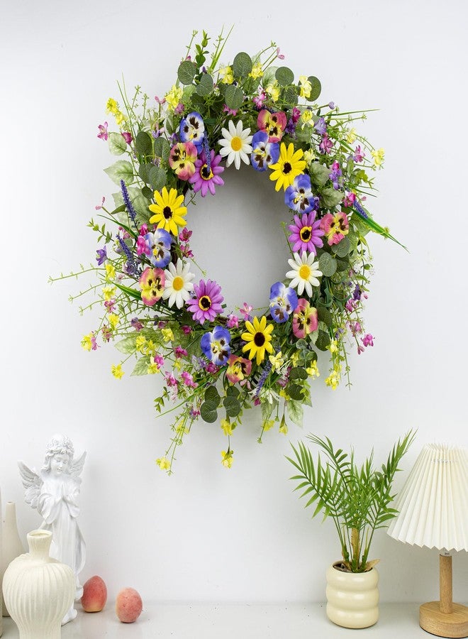 Yawwind 22 Inches Summer Wreaths for Front Door Farmhouse Summer Door Wreath Colorful Spring Floral Wreath with Wildflower Pansy Orchid for Window Porches Indoor Decoration - Image 3