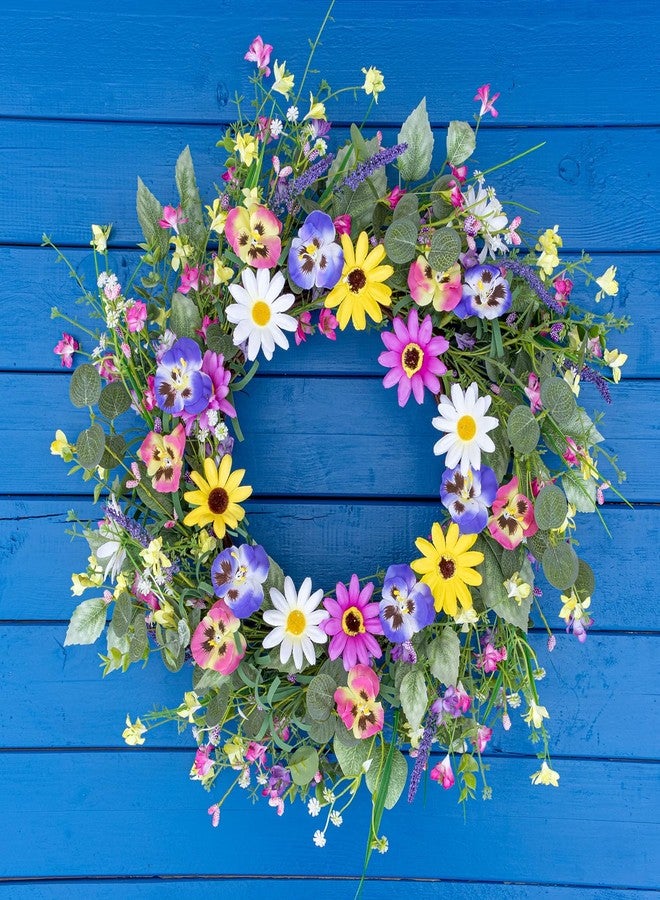 Yawwind 22 Inches Summer Wreaths for Front Door Farmhouse Summer Door Wreath Colorful Spring Floral Wreath with Wildflower Pansy Orchid for Window Porches Indoor Decoration - Image 4