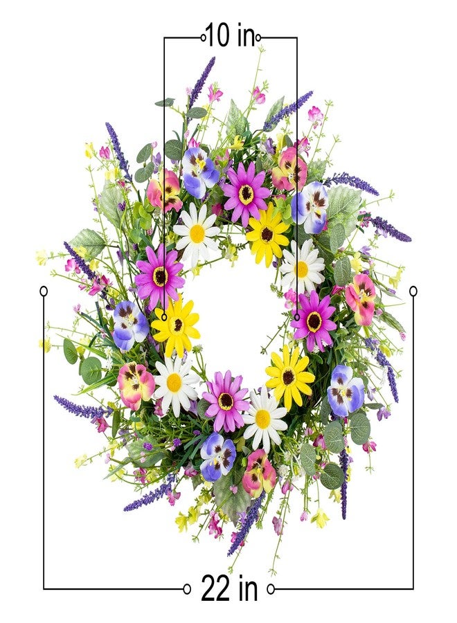 Yawwind 22 Inches Summer Wreaths for Front Door Farmhouse Summer Door Wreath Colorful Spring Floral Wreath with Wildflower Pansy Orchid for Window Porches Indoor Decoration - Image 2