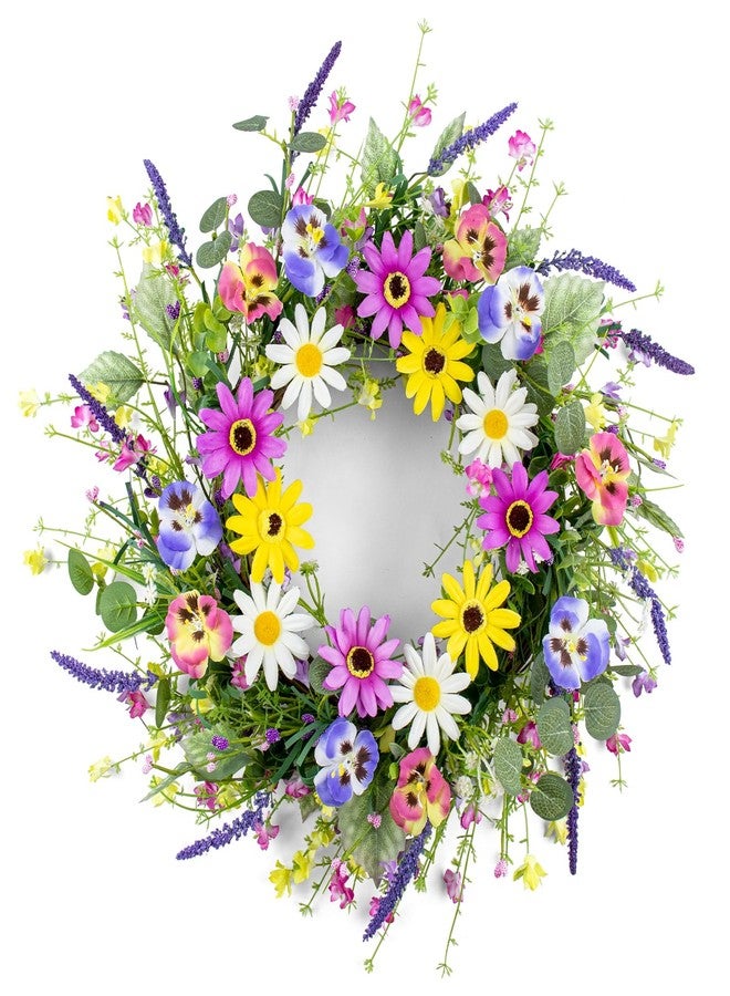 Yawwind 22 Inches Summer Wreaths for Front Door Farmhouse Summer Door Wreath Colorful Spring Floral Wreath with Wildflower Pansy Orchid for Window Porches Indoor Decoration - Image 1