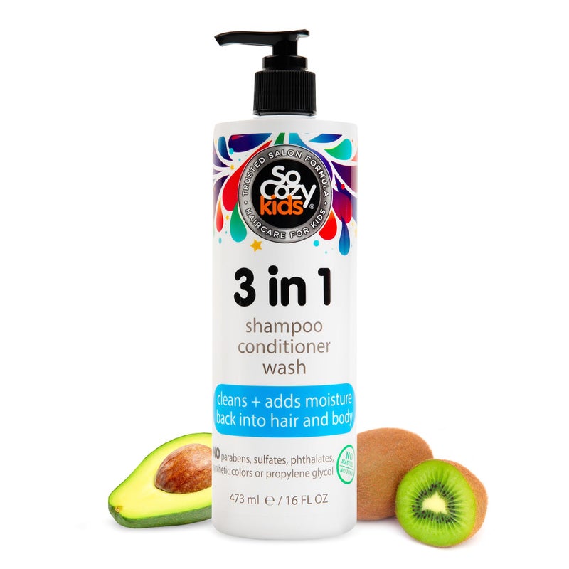 SO COZY SoCozy 3 in 1 Kids Shampoo + Conditioner + Body Wash (16 Fl Oz) Gentle, Hydrating Hair & Body Cleanser with Keratin, Vitamin B5, & Kiwi Extract, Paraben & Sulfate-Free - Image 1