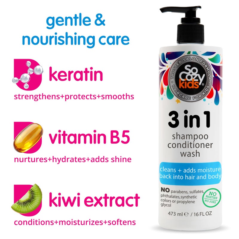 SO COZY SoCozy 3 in 1 Kids Shampoo + Conditioner + Body Wash (16 Fl Oz) Gentle, Hydrating Hair & Body Cleanser with Keratin, Vitamin B5, & Kiwi Extract, Paraben & Sulfate-Free - Image 3