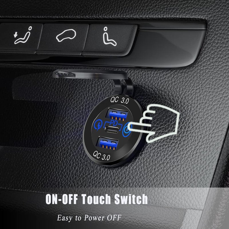 GemCoo 2 Packs PD Type C Car Charger Socket & Dual Quick Charge 3.0 Ports Aluminum, 60W USB C Triple 12V USB Socket Aluminum Car Charger with Touch Switch, Waterproof PD Charge for Car Boat Marine RV - Image 5