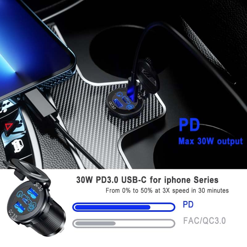 GemCoo 2 Packs PD Type C Car Charger Socket & Dual Quick Charge 3.0 Ports Aluminum, 60W USB C Triple 12V USB Socket Aluminum Car Charger with Touch Switch, Waterproof PD Charge for Car Boat Marine RV - Image 2