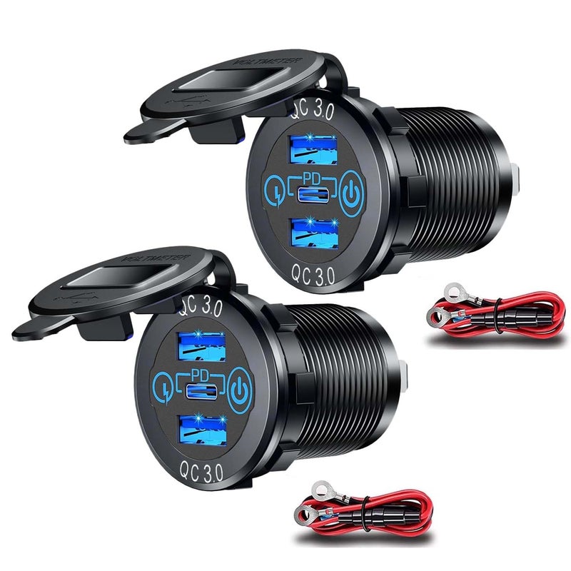 GemCoo 2 Packs PD Type C Car Charger Socket & Dual Quick Charge 3.0 Ports Aluminum, 60W USB C Triple 12V USB Socket Aluminum Car Charger with Touch Switch, Waterproof PD Charge for Car Boat Marine RV - Image 1