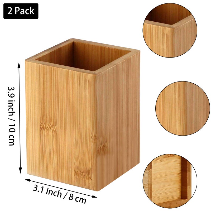 Cerpourt Pen Cup Holder,2 Pack Bamboo Wood Desk Pencil Holder Stand Multi Purpose Use Pencil Cup Pot Desk Accessories,Desktop Organizer Pencil Holder Ideal Gift for Office Home - Image 3
