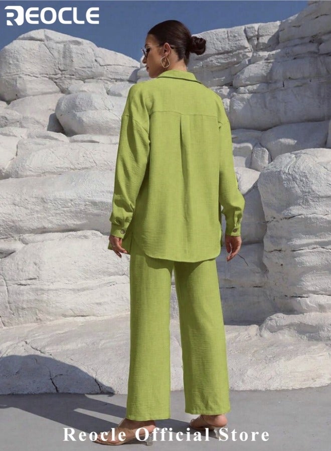 ريوكل طقم نسائي من قطعتين مصنوع من القطن والكتان ملابس رجعية مريحة وقابلة للتنفس قميص بأزرار وأكمام طويلة مع سروال واسع الأرجل بخصر مرتفع - Image 3