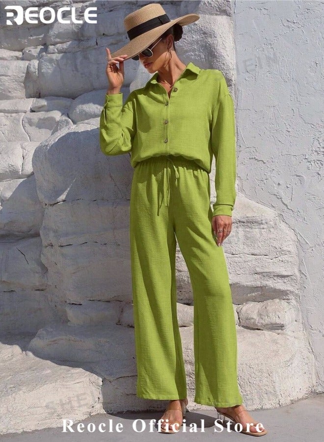 ريوكل طقم نسائي من قطعتين مصنوع من القطن والكتان ملابس رجعية مريحة وقابلة للتنفس قميص بأزرار وأكمام طويلة مع سروال واسع الأرجل بخصر مرتفع - Image 4