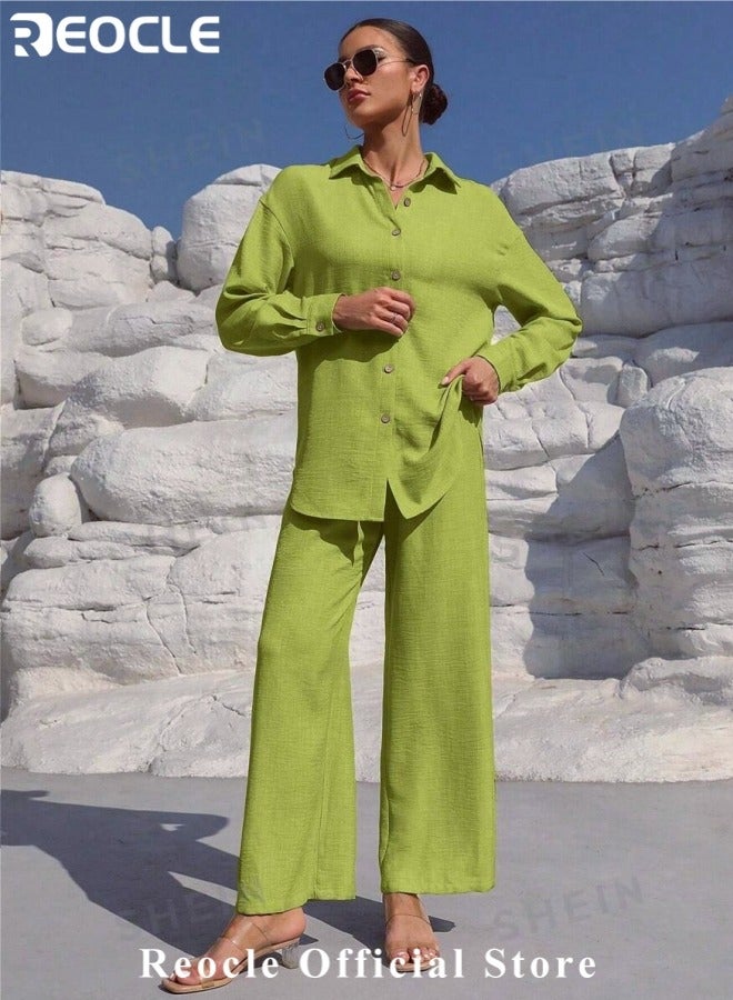 ريوكل طقم نسائي من قطعتين مصنوع من القطن والكتان ملابس رجعية مريحة وقابلة للتنفس قميص بأزرار وأكمام طويلة مع سروال واسع الأرجل بخصر مرتفع - Image 2